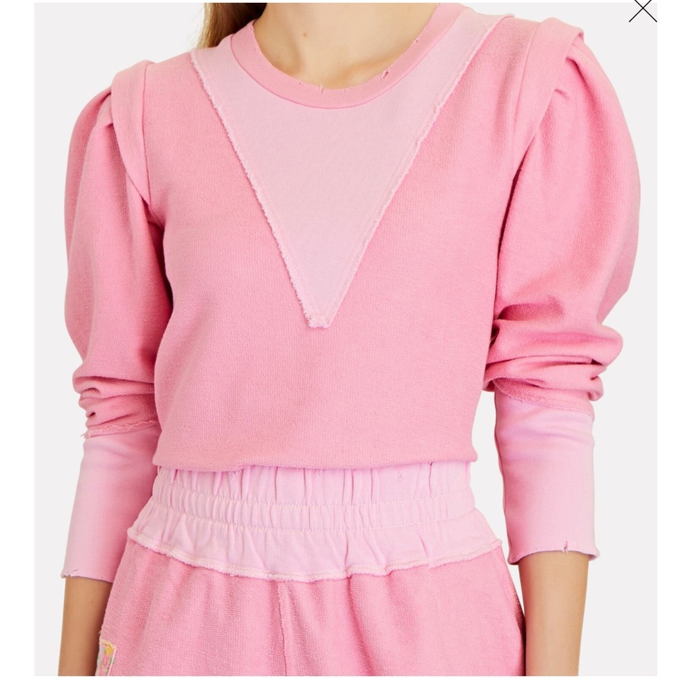 LoveShackFancy Pink Puff Sleeve Pullover Distressed Detail. EUC 🩷 worn 2x